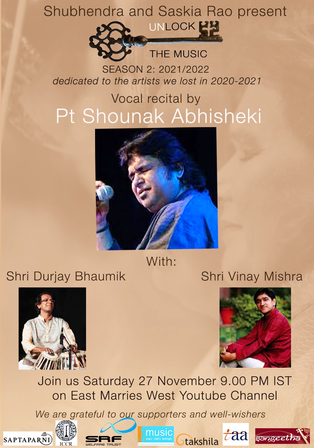 Prenos koncerta Baithak v živo iz serije 'Unlock the Music': Hindustani vokalni koncert Pandita Shounaka Abhishekija 27. 11. 2021 ob 16.30. uri